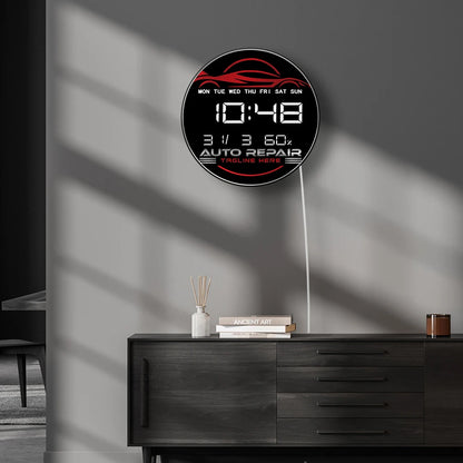 Auto Repair Car Service Garage LED Digital Wall Clock with Calendar Temperature Auto Dimming 12/24hr Format Electronic Clock