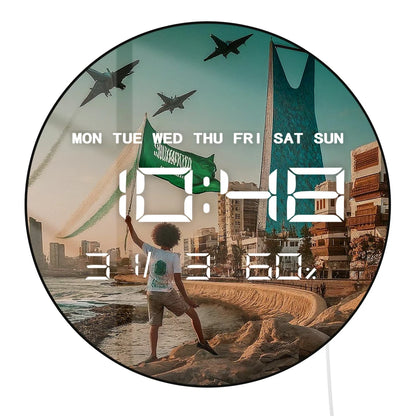 Flag of Saudi Arabia Modern Design Wall Clock with Timer Date Temperature Display Islamic Skyline Home Decor Electronic Clock