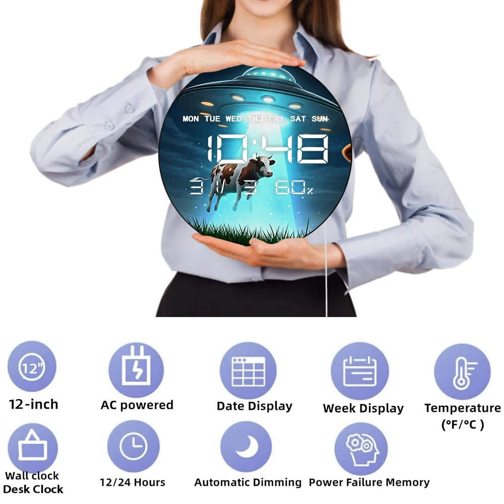 Cow Abduction UFO Digital Wall Clock with LED Display Calendar Temperature Alien Space Sci-Fi Home Decor Electric Wall Clock