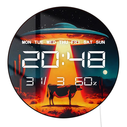 Retro Alien UFO Abduction Cow 12/24 Hour Electronic Wall Clock Western Home Decor Timepieces Auto Dimming LED Digital Wall Clock