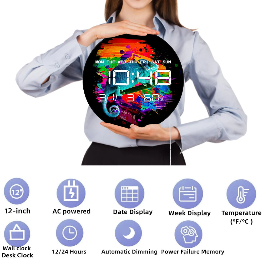Vibrant Chameleon LED Digital Wall Clock Large Display Calendar Animal Artwork Home Decor Modern Design Electronic Wall Clock