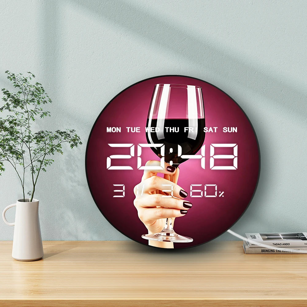 Elegant Glass of Red Wine Modern Design LED Digital Wall Clock for Home Bar Pub Samrt Auto Dimming 12/24hr Electronic Wall Clock