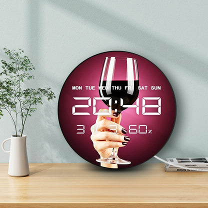 Elegant Glass of Red Wine Modern Design LED Digital Wall Clock for Home Bar Pub Samrt Auto Dimming 12/24hr Electronic Wall Clock