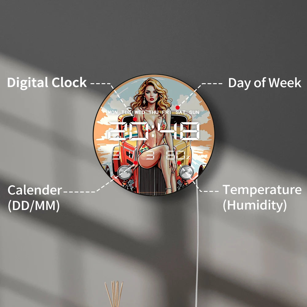 Retro Old Hotrod Classic Car with Sexy Girl LED Digital Wall Clock with Timer Date Temperature Mancave Grage Electric Wall Clock