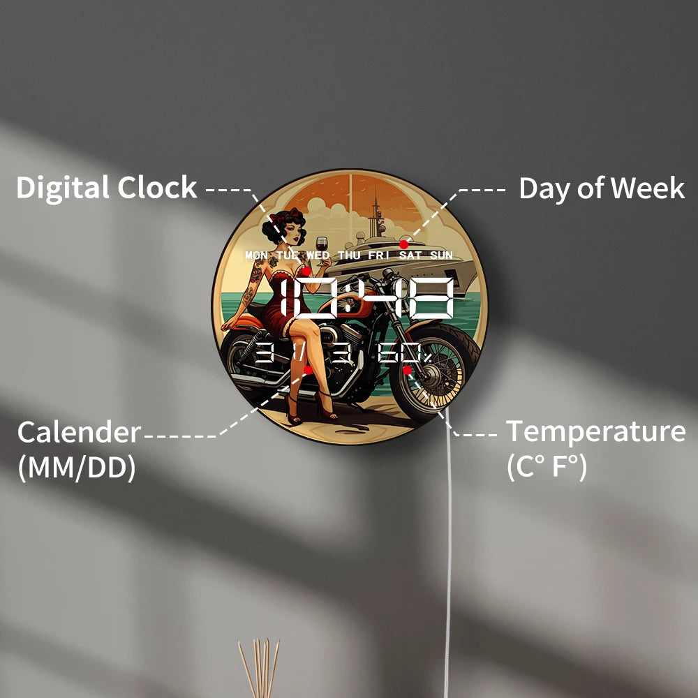 Pinup Style Tattoo Lady with Motorcycle LED Digital Wall Clock Big Display Electronic Wall Clock with Temperature Calendar Date