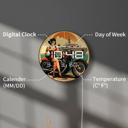 Pinup Style Tattoo Lady with Motorcycle LED Digital Wall Clock Big Display Electronic Wall Clock with Temperature Calendar Date