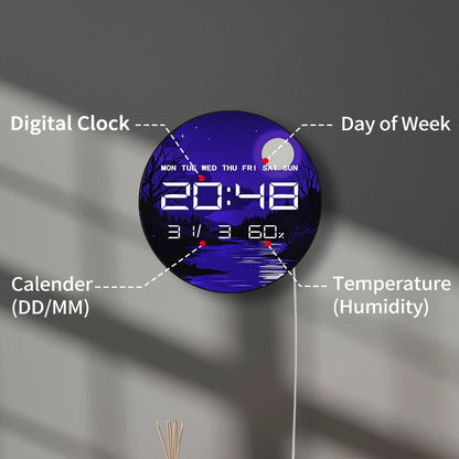 Purple Calm Night Glowing Moon LED Digital Wall Clock with Calendar Date Temperature Auto Dimming 12/24hr Electronic Wall Clock