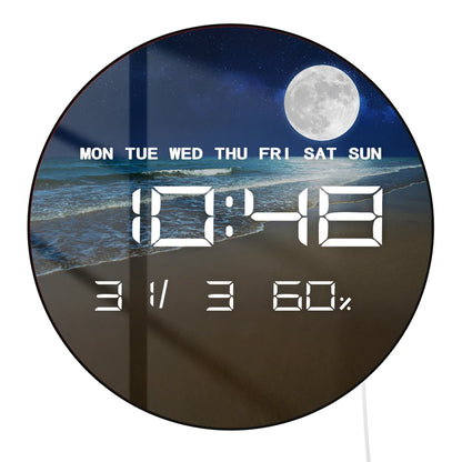 Full Moon over the Sea with Tropical Beach LED Digital Wall Clock with Calendar Temperature Auto Dimming 12/24hr Electric Clock