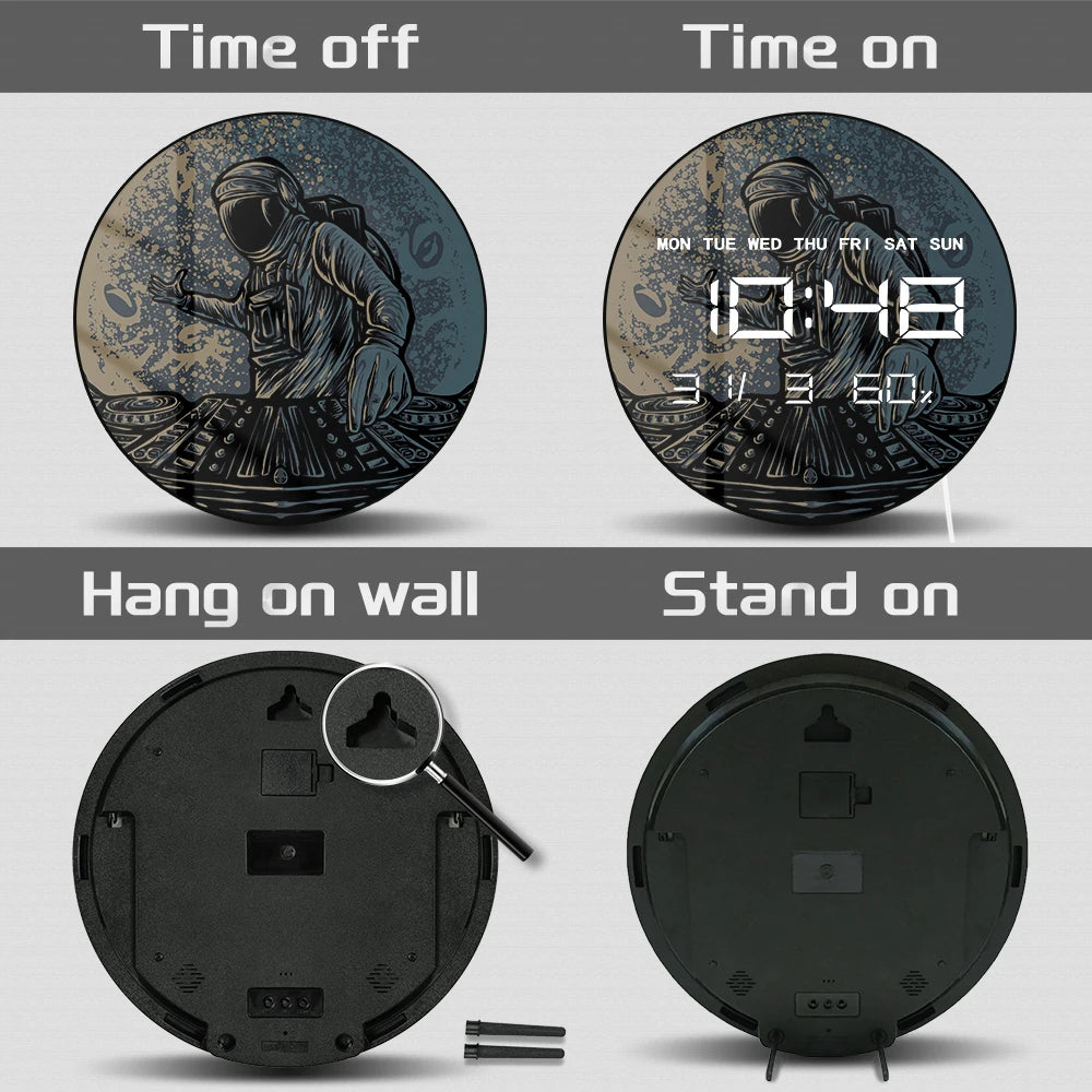 DJ Astronaut At The Moon LED Digital Print Wall Clock Funny Astronaut Music Party Cosmic Turntable Design Electronic Wall Clock