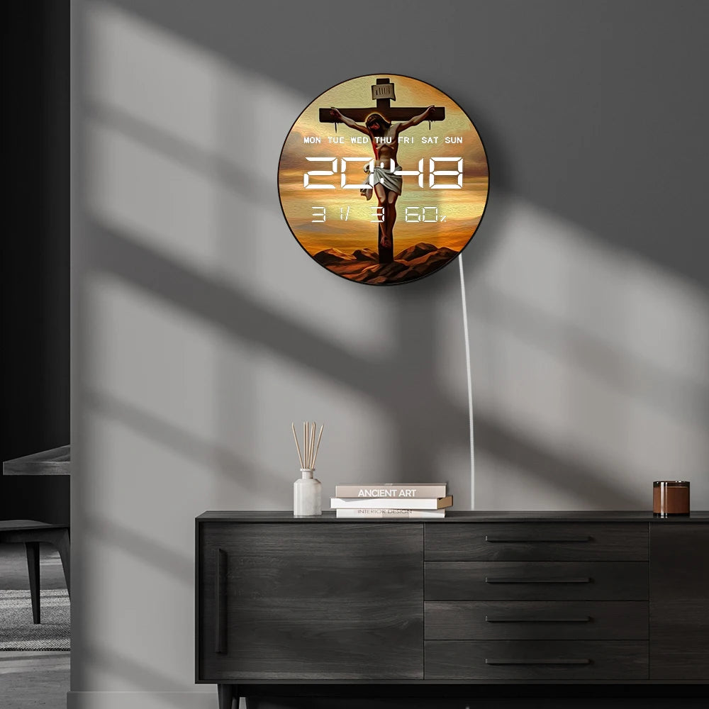 Jesus on Cross in Galgultha 12/24 Hour Electronic Wall Clock Religious Christian Home Decor Auto Dimming LED Digital Clock Timer