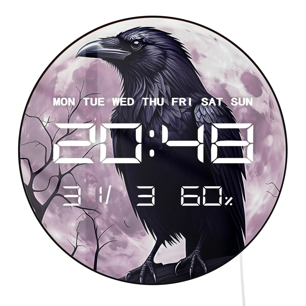 Gothic Raven On Tree Purple Moon Smart Dimming LED Wall Digital Clock Timer 12/24hour Electronic Wall Clock with Jumbo Numbers