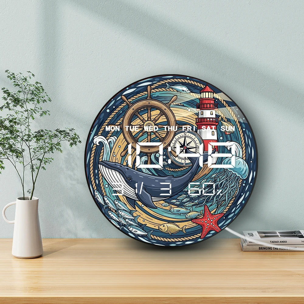 Nautical Whale LED Digital Clock Wall Desk Use Retro Maritime Artwork Multifunctional 12/24hour Format Electronic Wall Clock