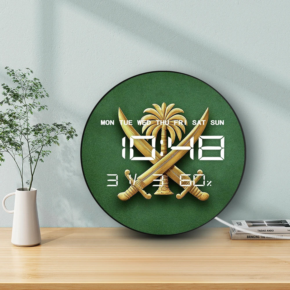 Coat of Arms LED Digital Wall Clock Saudi Arabia Flag Shield Electronic Wall Clock Large Numeric Display Patriotic Home Decor