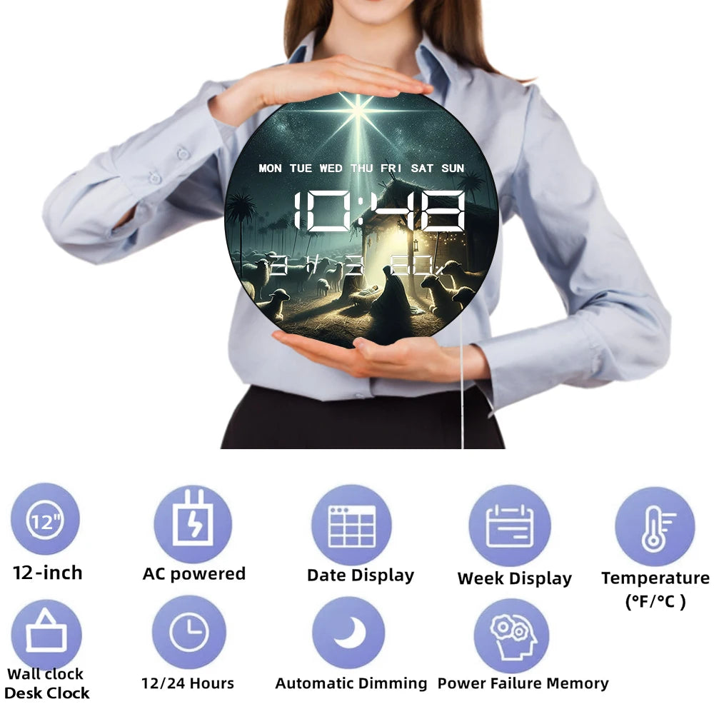 Bethlehem Holy Night Modern Digital Wall Clock Nativity Scene Electronic Wall Clock Large Numeric Display Christian Home Decor