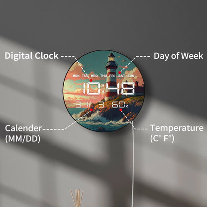 Nautical Lighthouse LED Digital Wall Clock with Calendar Date Temperature for Beach House 12/24hour Format Electronic Wall Clock