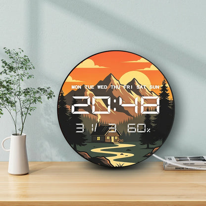 Mountains Peaks Cabin Pine Trees with Sunset  LED Digital Wall Clock Nature Landsacpe Home Decor 12/24hour Electronic Wall Clock