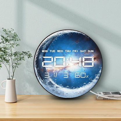 Clear Glass Crescent Moon LED Digital Wall Clock with Calendar Date Temperature Universe Home Decor 12/24hr Electric Wall Clock
