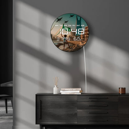Flag of Saudi Arabia Modern Design Wall Clock with Timer Date Temperature Display Islamic Skyline Home Decor Electronic Clock
