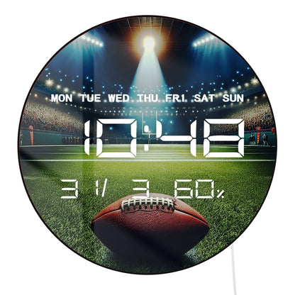 American Football Ball Digital Wall Clock with LED Display Calendar Temperature Auto Dimming 12/24hr Format Electric Wall Clock