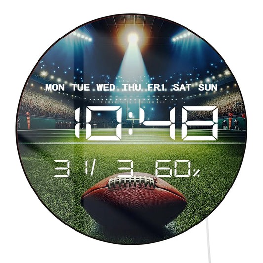 American Football Ball Digital Wall Clock with LED Display Calendar Temperature Auto Dimming 12/24hr Format Electric Wall Clock