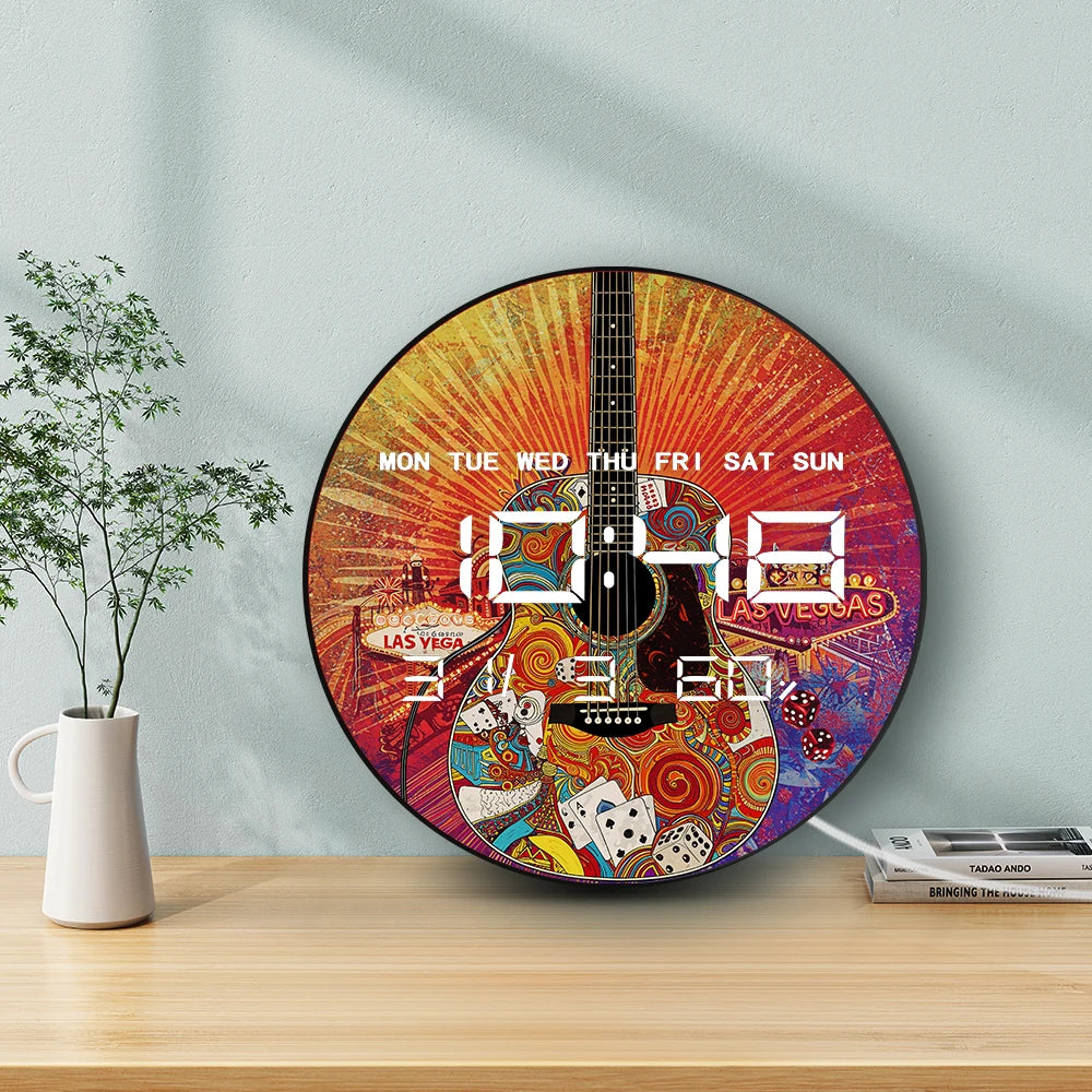 Las Vegas Psychedelic Acoustic Guitar Multifunctional LED Digital Wall Clock Big Display Auto Dimming Electronic Wall Desk Clock