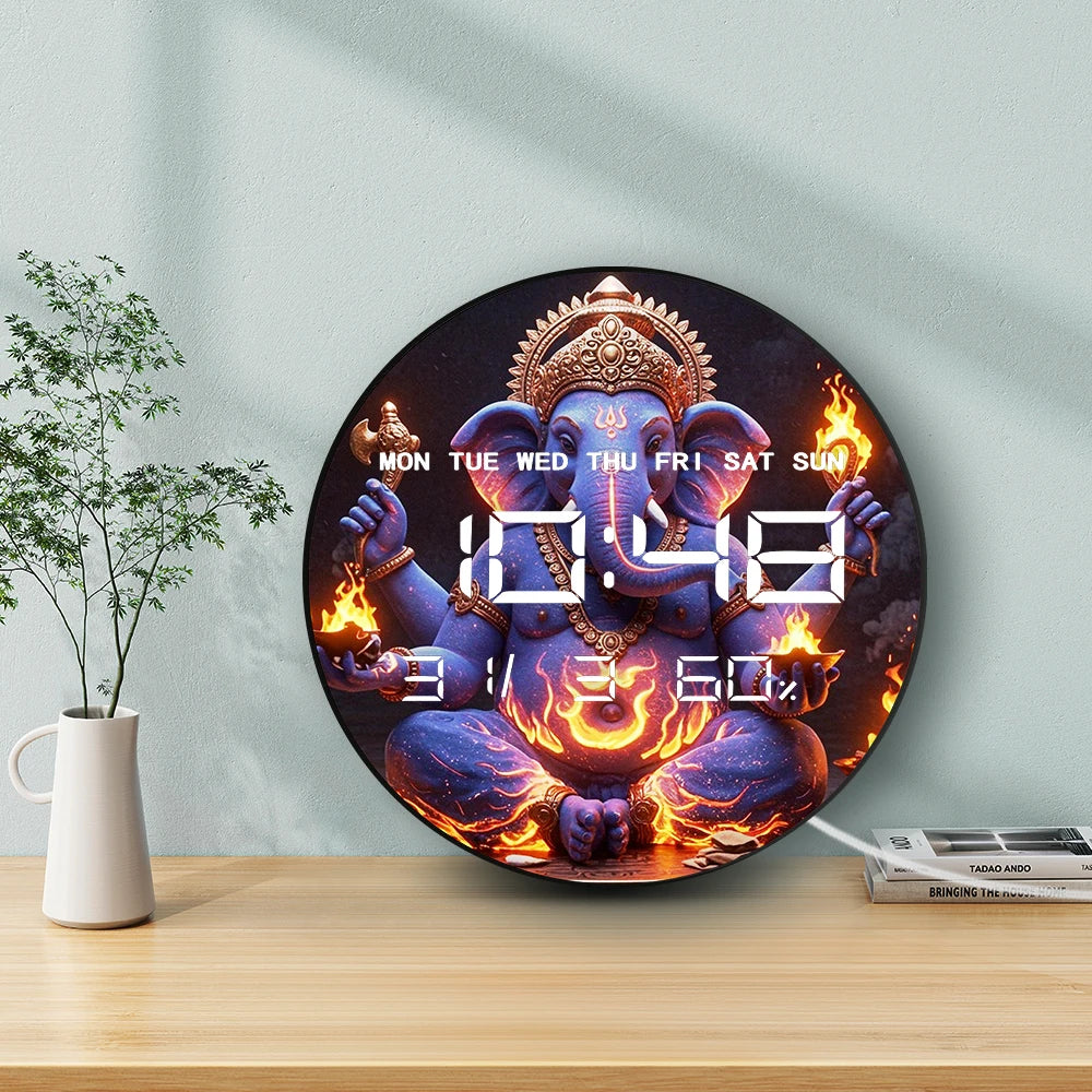 Lord Ganesha with Fire Guardian LED Auto Dimming Digital Clock Timer Electronic Wall Clock Big Display Calendar Date Temperature