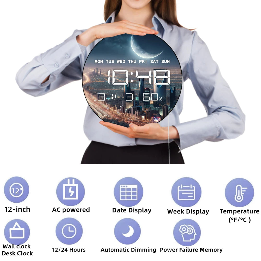 Riyadh City with Crescent Moon LED Digital Wall Clock Big Display Middle East Cityscape Arabian Home Decor Electronic Wall Clock