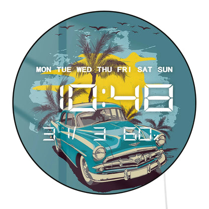 Vintage Blue Car LED Digital Wall Clock with Calendar Temperature Auto Dimming 12/24hr Format Retro Automotive Electronic Clock