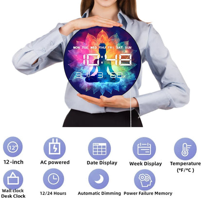 Yoga Woman With Lotus Flowers LED Digital Wall Clock with Timer Date Temperature Display Chakra Gradient Electronic Wall Clock