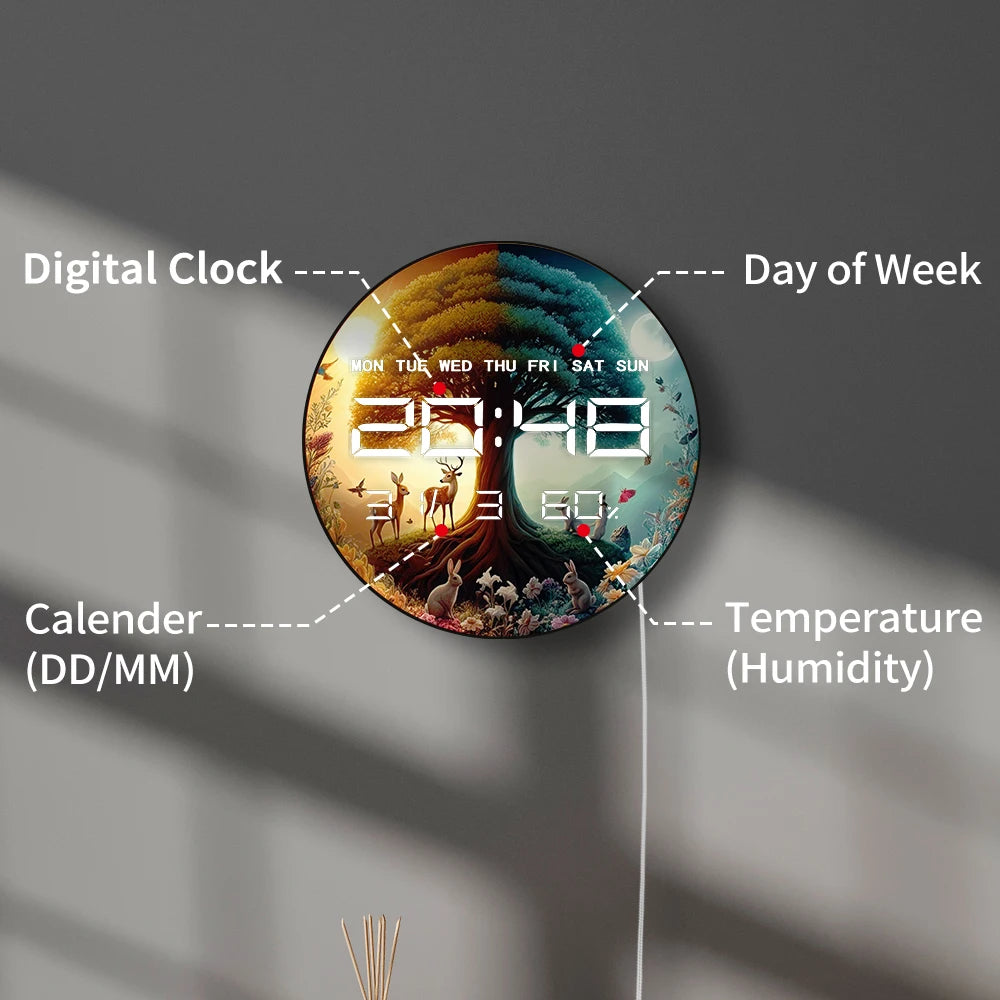 Circle of Life Aniamls Fairyland LED Digital Wall Clock with Calendar Temperature Auto Dimming 12/24hr Format Electronic Clock