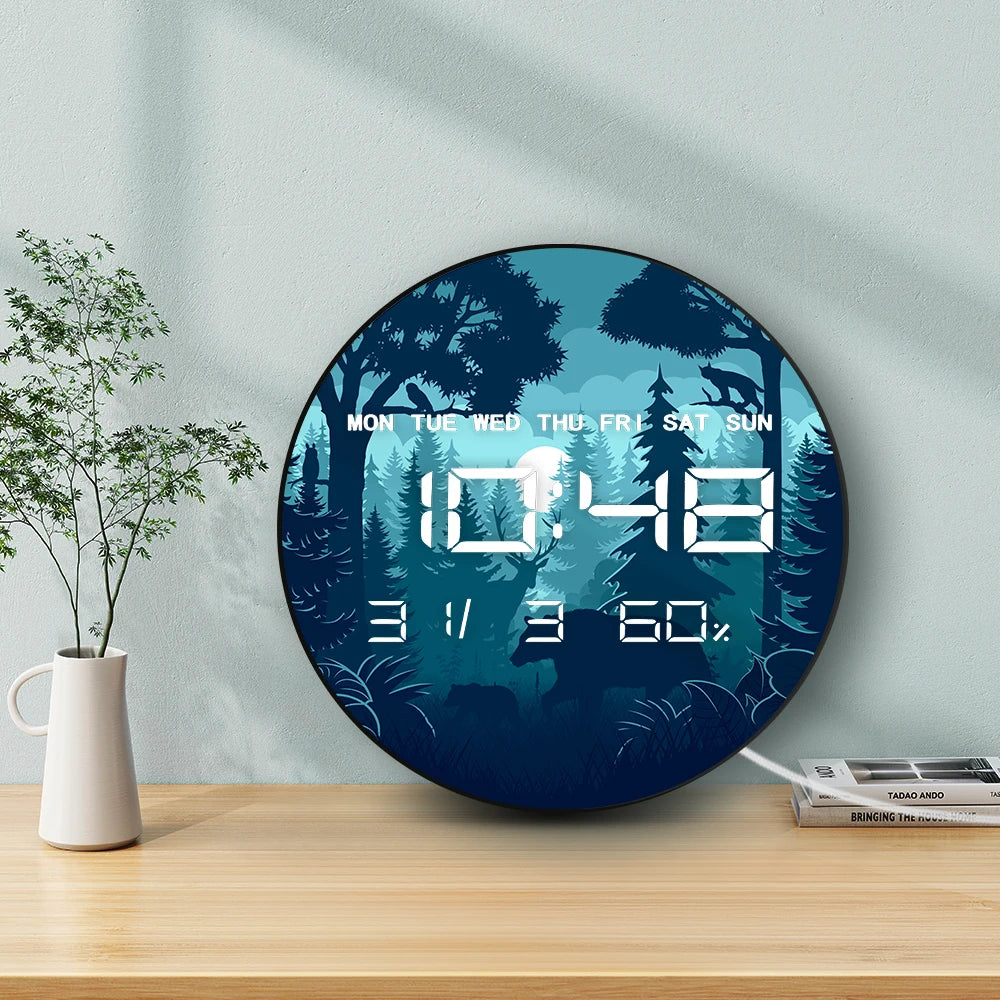 Woodland Night with Moon Large Digital Wall Clock Forest Animal Home Decor Timepieces LED Electronic Numeric Clock Wall Desk Use