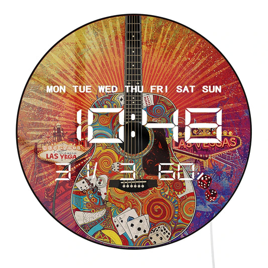 Las Vegas Psychedelic Acoustic Guitar Multifunctional LED Digital Wall Clock Big Display Auto Dimming Electronic Wall Desk Clock