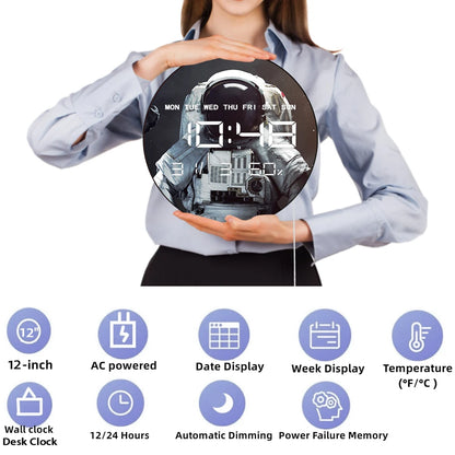Astronaut in Space Digital Wall Clock with LED Display Calendar Temperature Automatic Dimming 12/24hr Format Electric Wall Clock