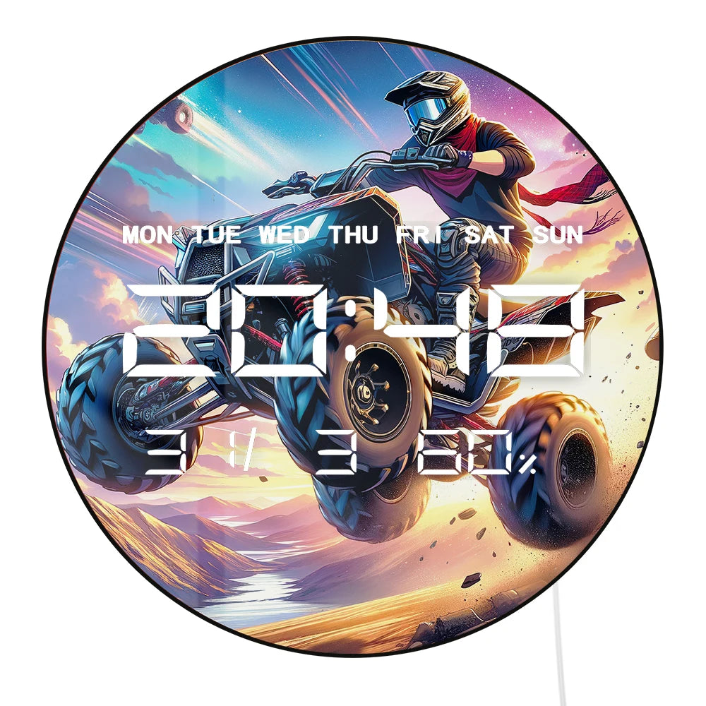 Anime ATV Jump LED Digital Wall Clock Extreme Quad Bike Off-Road 12/24hr Format Electric Clock 12/24hr Timer with Calendar Date