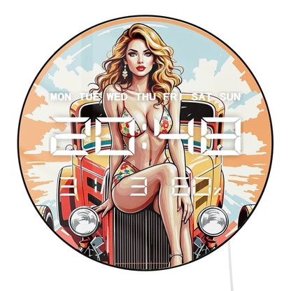Retro Old Hotrod Classic Car with Sexy Girl LED Digital Wall Clock with Timer Date Temperature Mancave Grage Electric Wall Clock