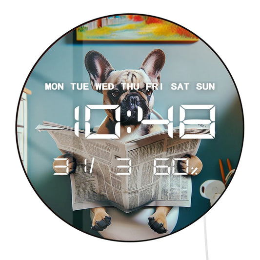 French Bulldog Reading Newspaper On Toilet Auto Dimming LED Digital Wall Clock with Electric Timer Date Temperature 12/24hour