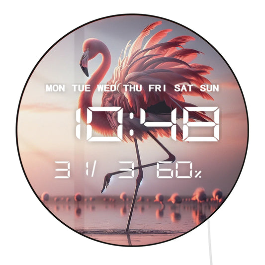 Tropical Lake Bird Dancing Flamingo LED Digital Wall Clock with Calendar Temperature Auto Dimming 12/24hr Electronic Wall Clock