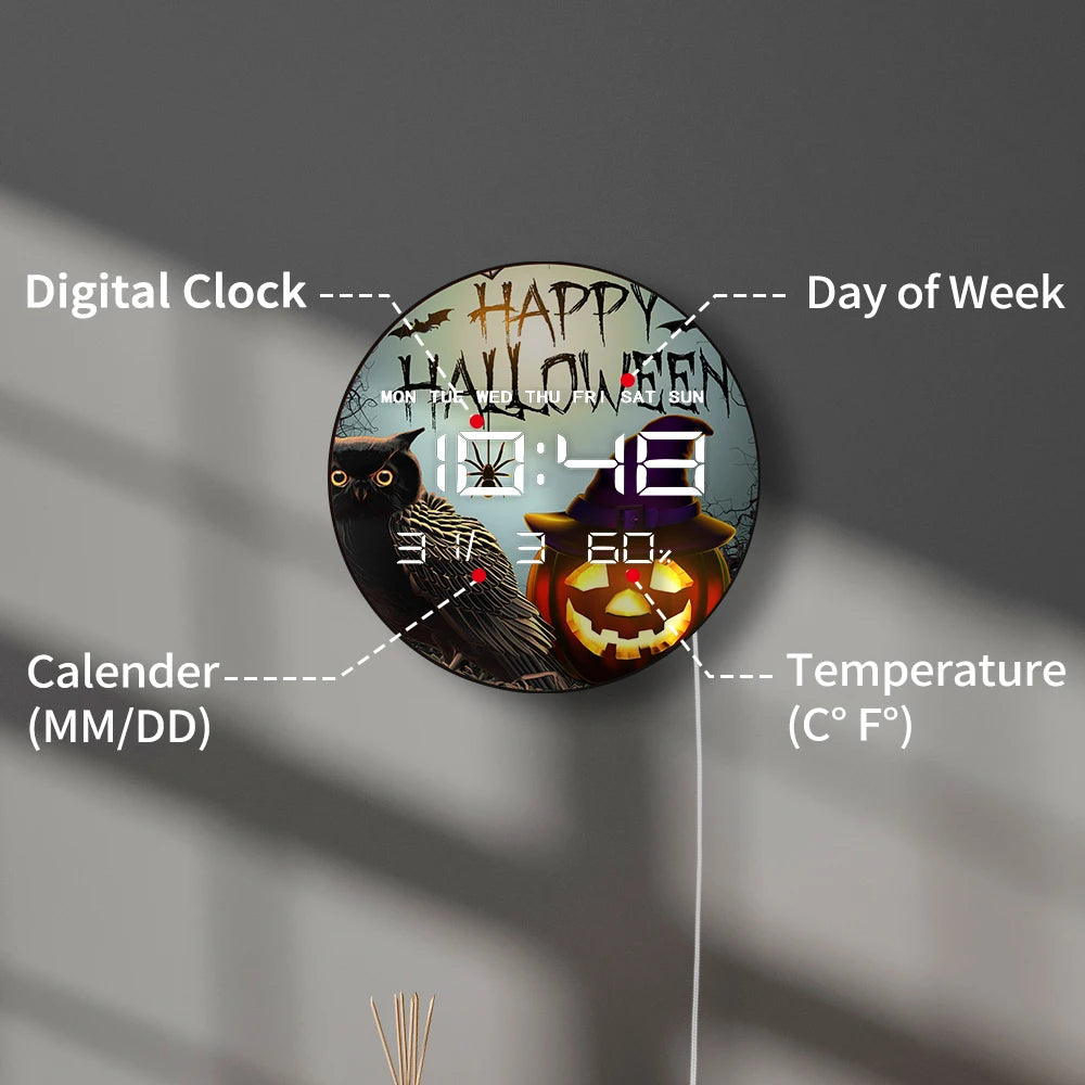 Halloween Owl Home Decor Electronic Wall Clock with Timer Calendar Date Temperature Auto Dimming  LED Digital Display Wall Clock