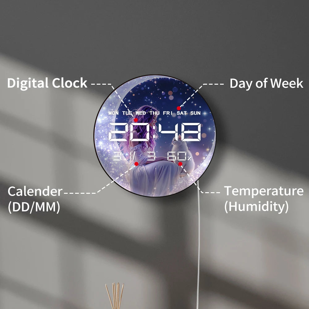 Magic Fairy with Cat Auto Dimming LED Digital Wall Clock Milky Way Stars Home Decor Crescent Moon 12/24 Hour Electric Wall Clock