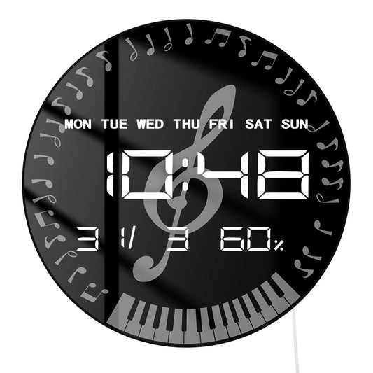 G-clef Music Notes LED Auto Dimming Digital Wall Clock Round Piano Keyboard Electronic Wall Clock Large Numeric Display Clock