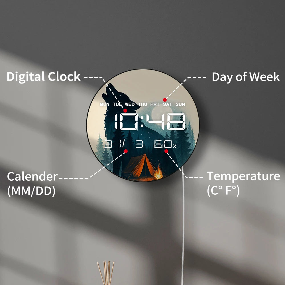 Howling Wolf Forest Camping Design LED Digital Wall Clock with Calendar Temperature Auto Dimming 12/24hr Electronic Wall Clock