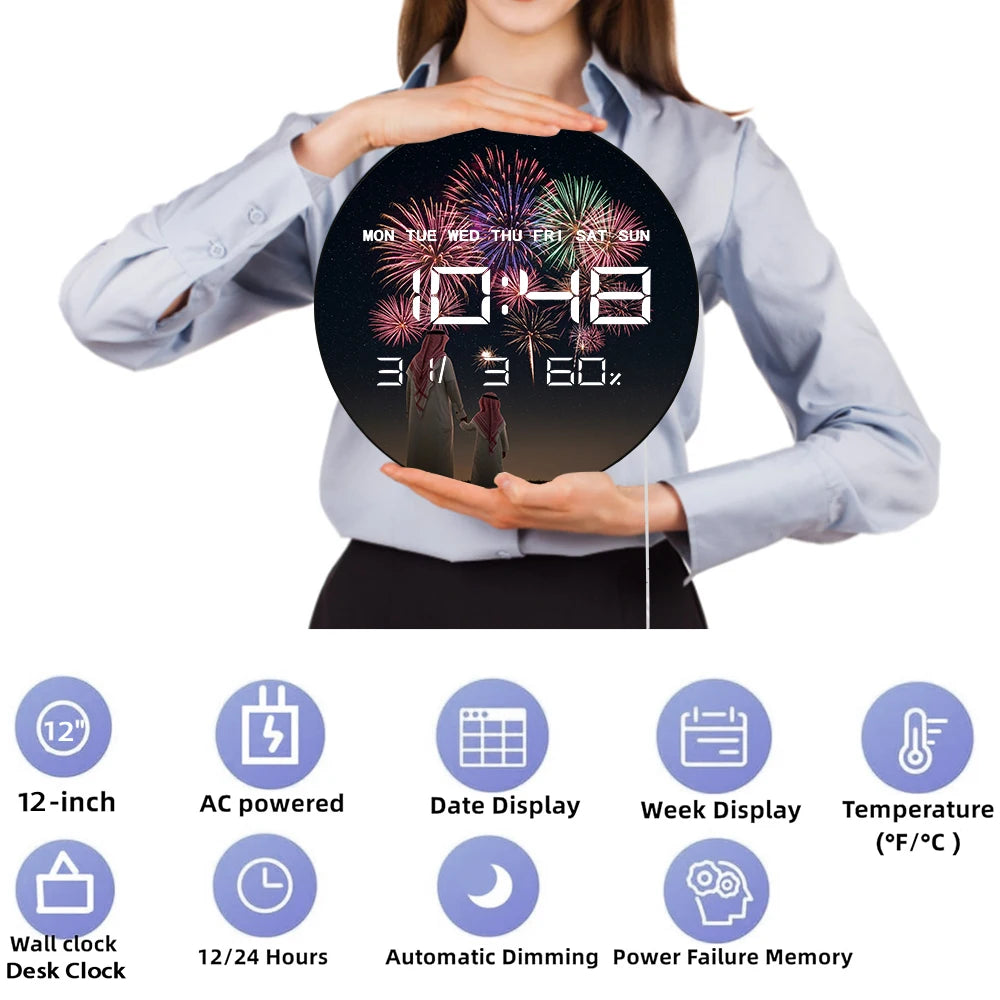 Eid Mubarak Night Fire work Electric Wall Clock Big Number Display Ramadan Home Decor Digital Wall Clock Saudi Housewarming Gift