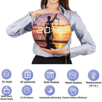 Sunset Beach Lady Justice Statue LED Digital Wall Clock with Calendar Date Temperature Electronic Wall Clock for Law Office Room