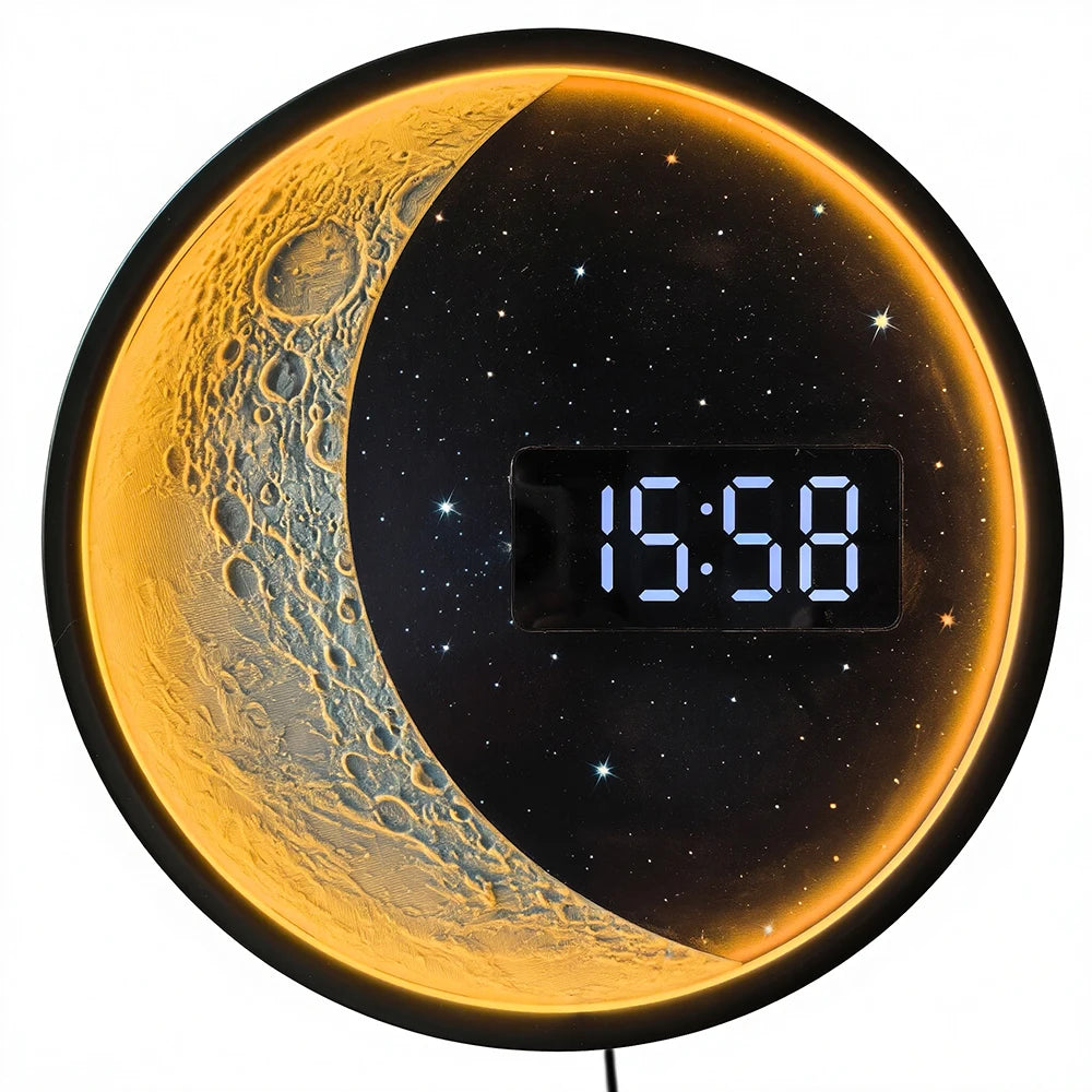 Moon Phase Metal Frame Wall Clock LED Digital Time Display Gentle Glow Resin Lunar Texture Space Home Decor Electric Wall Clock