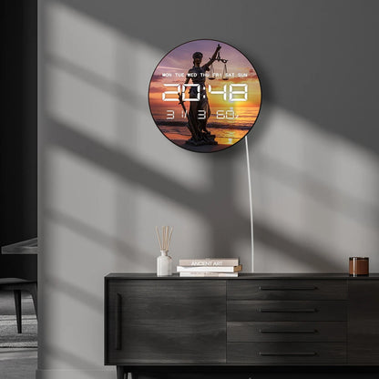 Sunset Beach Lady Justice Statue LED Digital Wall Clock with Calendar Date Temperature Electronic Wall Clock for Law Office Room