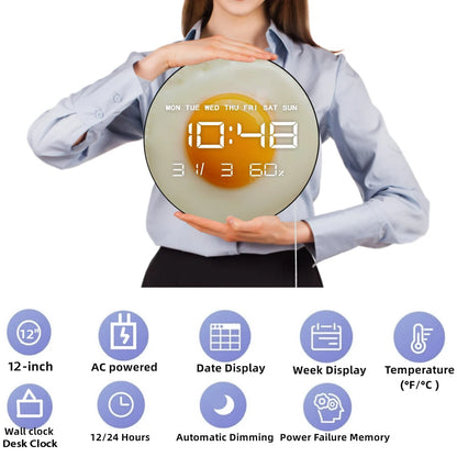 Sunny Side Up Breakfast Fried Egg Kithcen Wall Clock With LED Digital Time Display Scrambled Eggs Modern Electronic Wall Clock