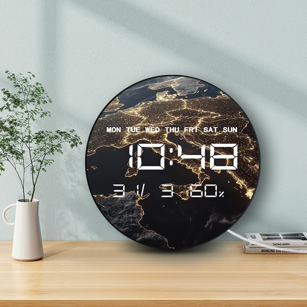 Space View Of Earth At Night LED Digital Wall Clock with Calendar Temperature Auto Dimming 12/24hr Format Electronic Wall Clock