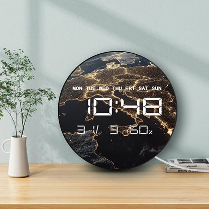 Space View Of Earth At Night LED Digital Wall Clock with Calendar Temperature Auto Dimming 12/24hr Format Electronic Wall Clock