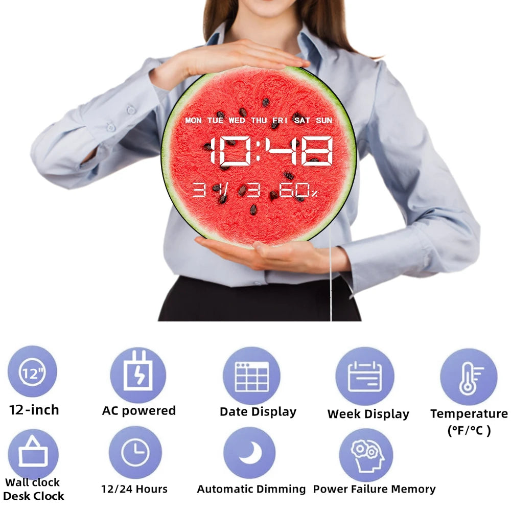 Sliced Watermelon Wall Clocks with Temperature Humidity Date Large Display Calendar Summer Fruit Home Decor Digital Wall Clock
