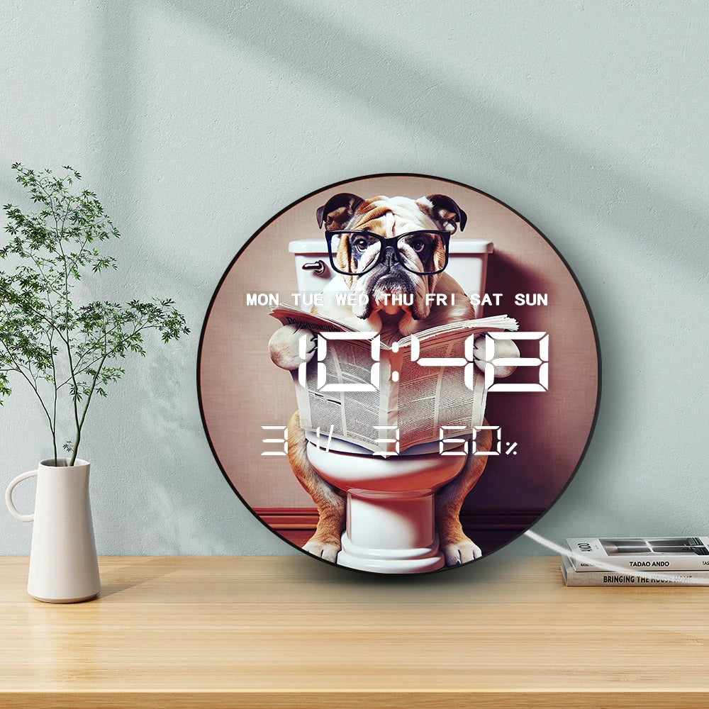 English Bulldog Reading Newspaper On Toilet Electric Wall Clock with Jumbo Numbers Multifunctional LED Digital Wall Clock Timer